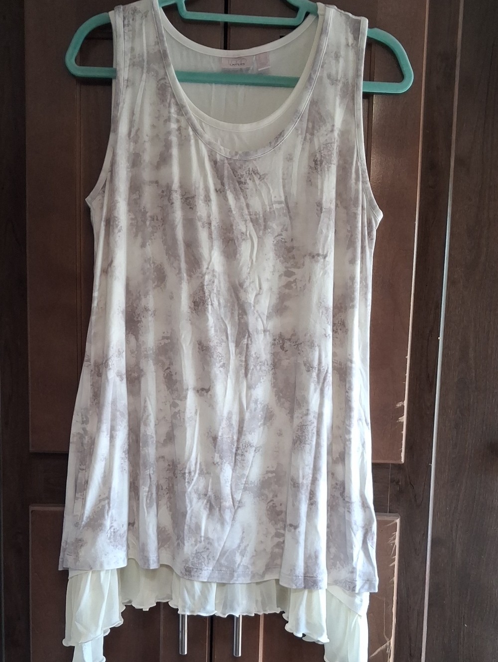 LOGO by Lori Goldstein White Tank with Light Gray Marble Print and Chiffon Layer